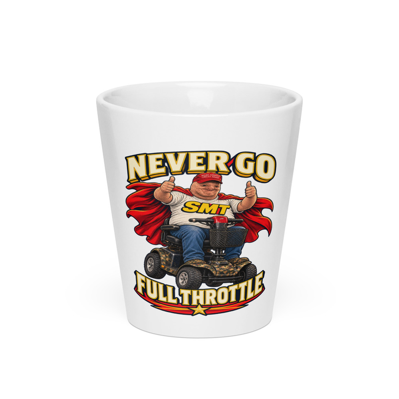White 12 ounce latte mug with the Never Go Full Throttle scooterhero design