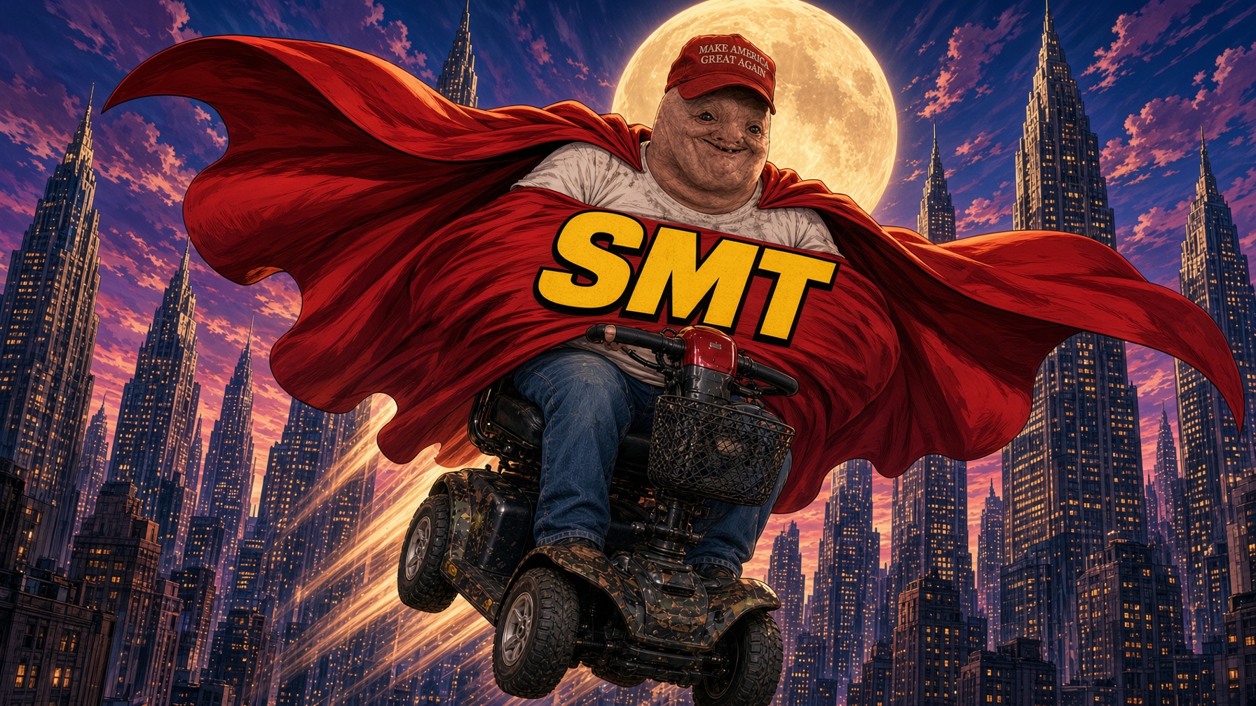 Super MAGA Tard soaring on his mobility scooter above a city, red cape flying against a golden moon