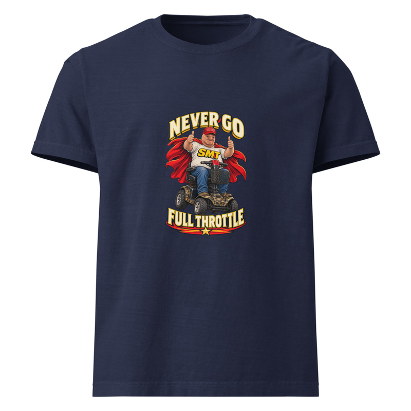 Navy heavyweight T-shirt with the Never Go Full Throttle scooterhero design on the front