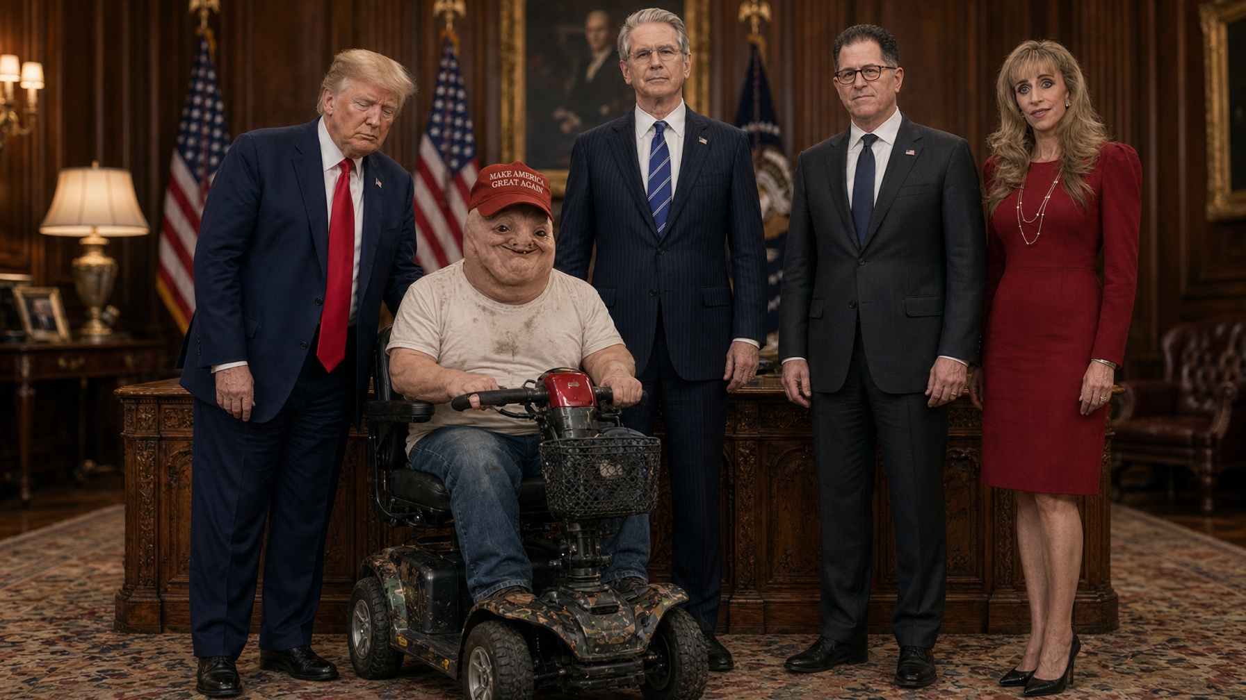 AI-generated satirical scene of Super MAGA Tard on his scooter posing with public figures in a formal office